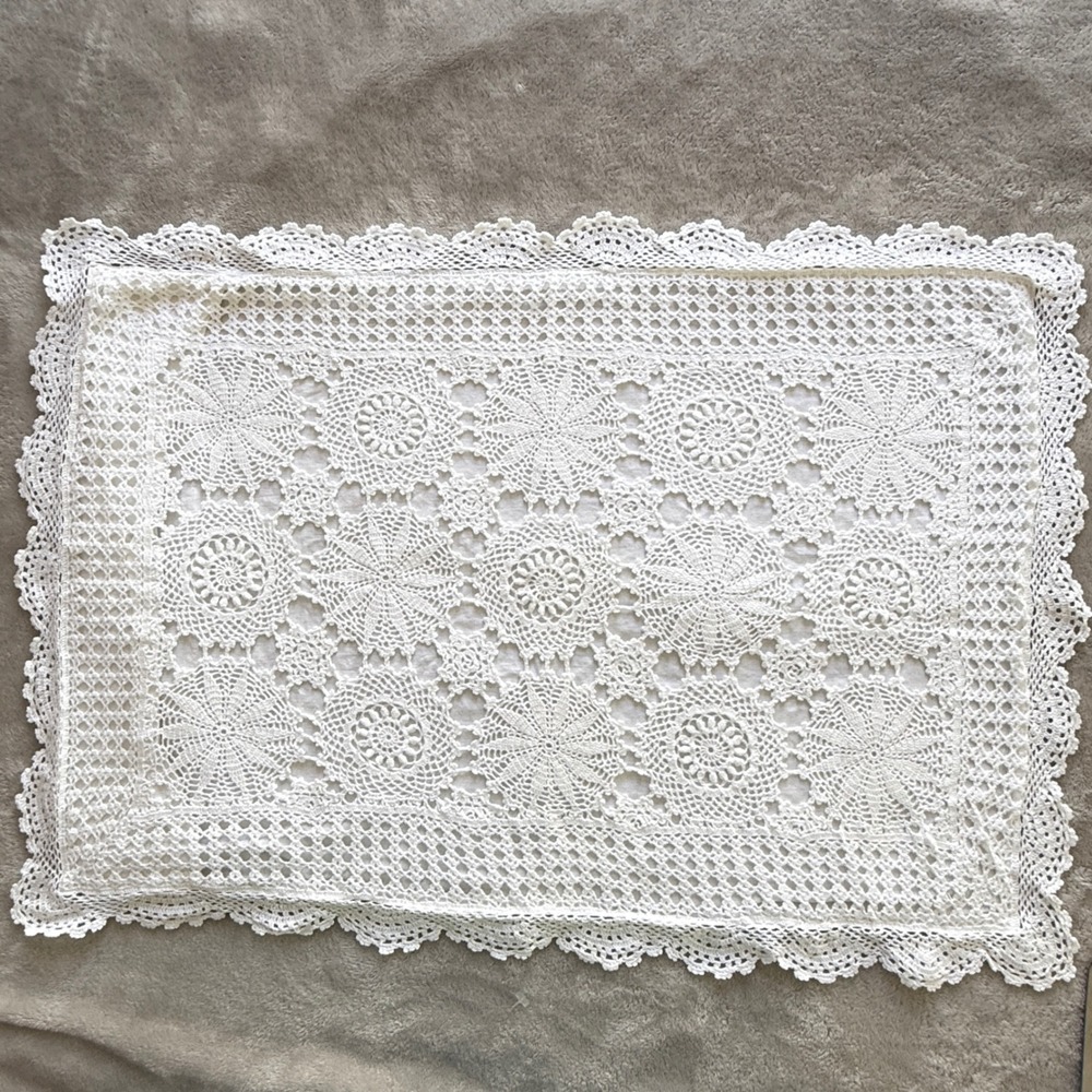 Handmade White Crochet Lace Pillow Sham Romantic Cottage Scalloped Edge